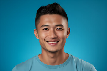 Close-Up Portrait of a Happy Fictional Japanese Male Model Smiling. Isolated on a Colored Background. Generative AI.