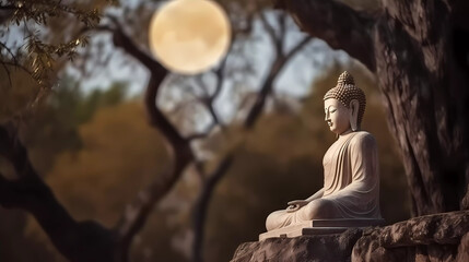 statue of buddha in meditation pose in temple's park with full moon background.
