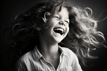 A black and white portrait of a girl child laughing and happy