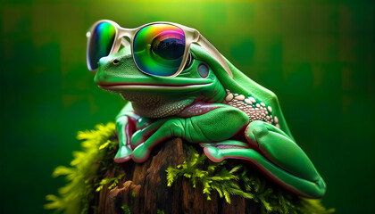 Farbenfroher Frosch in schillernder Sonnenbrille: Ein ausdrucksstarkes Kunstwerk in beeindruckender 4K-Auflösung, das die Magie der Natur mit modernem Flair verbindet - obrazy, fototapety, plakaty