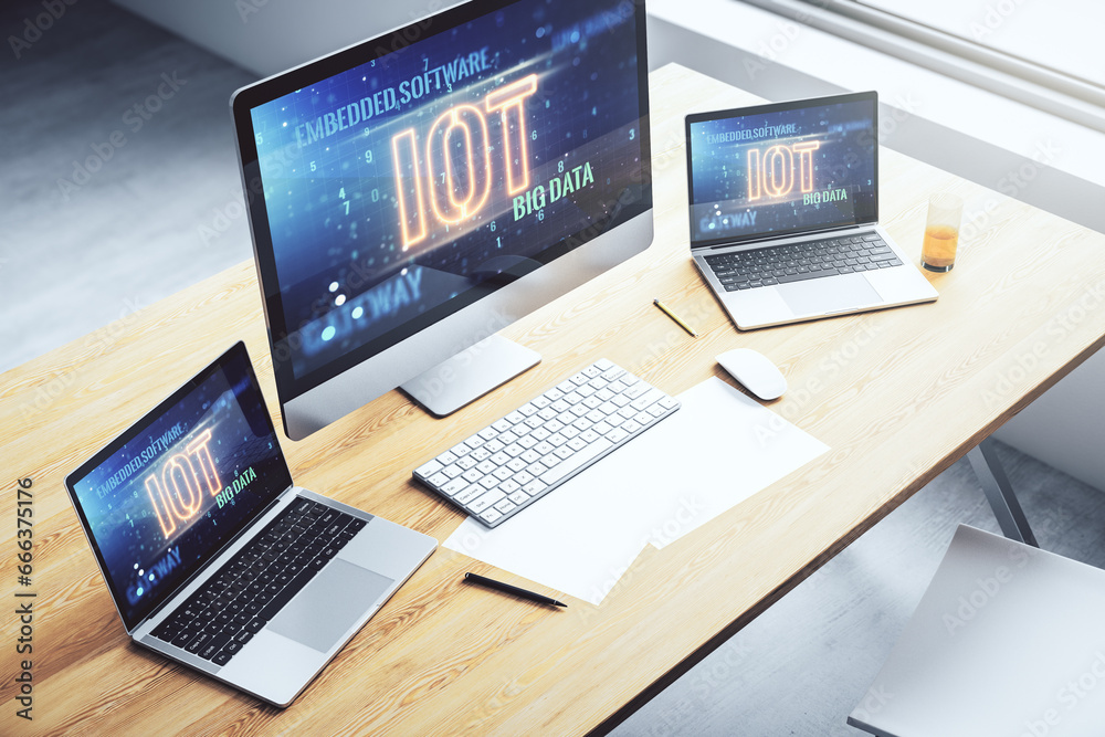 Poster Modern computer monitor with creative IOT hologram, research and development concept. 3D Rendering