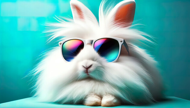 Wei&szlig;es flauschiges Kaninchen mit Sonnenbrille vor t&uuml;rkisfarbenem Hintergrund, humorvoller 3D-Render im Studio-Look
