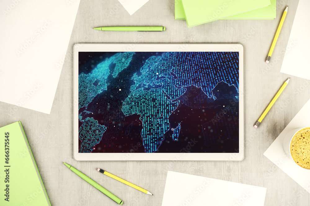 Poster Modern digital tablet display with abstract creative world map, research and analytics concept. Top view. 3D Rendering
