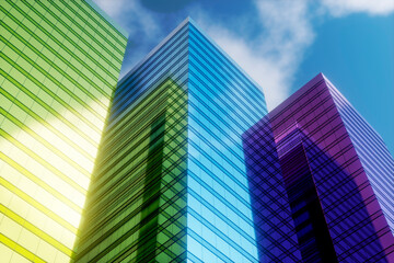 Fototapeta premium High-rise modern building made of blue glass against the sky.
