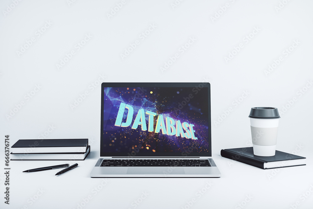 Aufkleber Modern computer monitor with creative Database word hologram, research and development concept. 3D Rendering