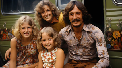 70s Family Embracing Freedom Outside Retro Caravan, Aged Photograph from the Hippie Era