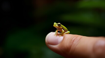 a small frog perched on a human finger