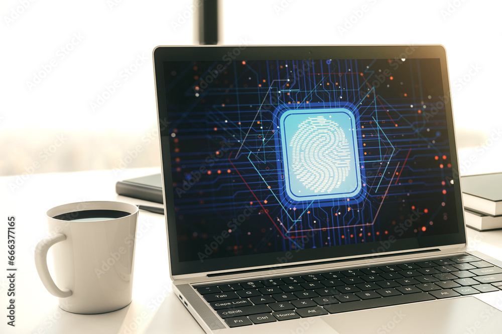 Poster abstract creative fingerprint illustration on modern laptop monitor, digital access concept. 3d rend