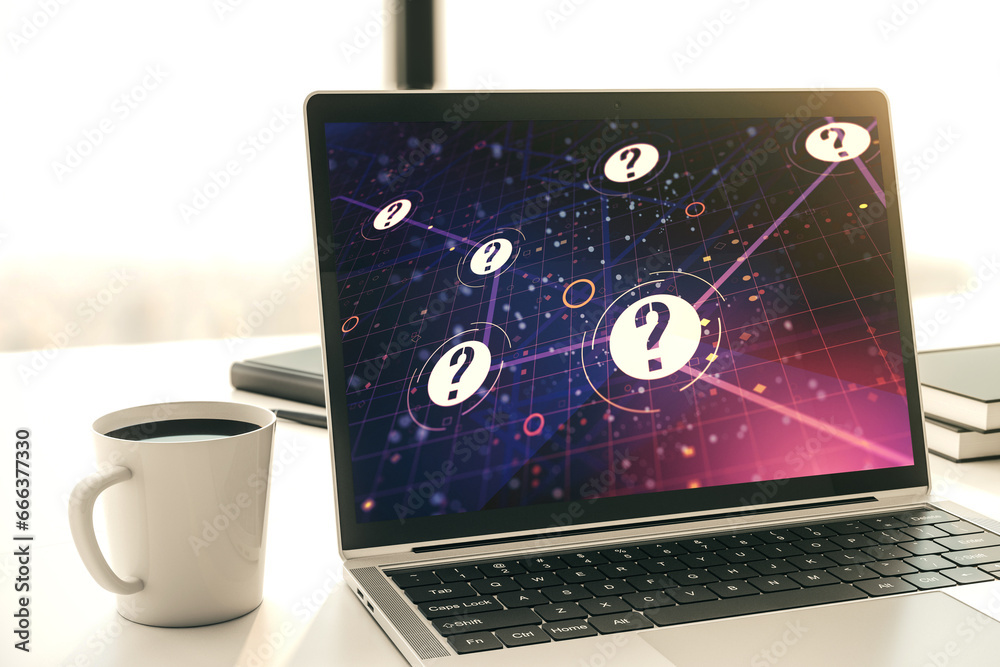 Aufkleber creative abstract question mark sketch on modern laptop monitor, faq and research concept. 3d render