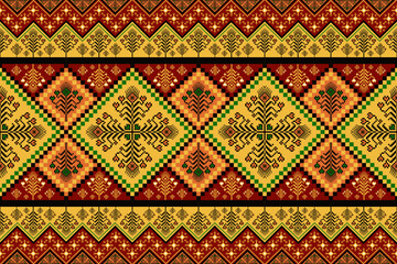 Ethnic colorful geometric traditional embroidery pattern. Vector colorful ethnic geometric floral pixel art seamless pattern. Ethnic stitch pattern use for fabric, textile, home decoration elements.