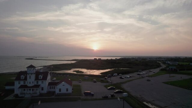 Aerial view at sunset of Point Judith Lighthouse on Narragansett Bay, Rhode Island