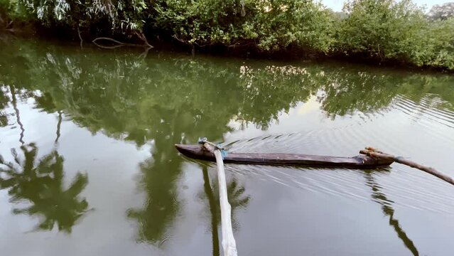 Wooden oars floating with reflection of palm trees in Saleri River Goa India 4K