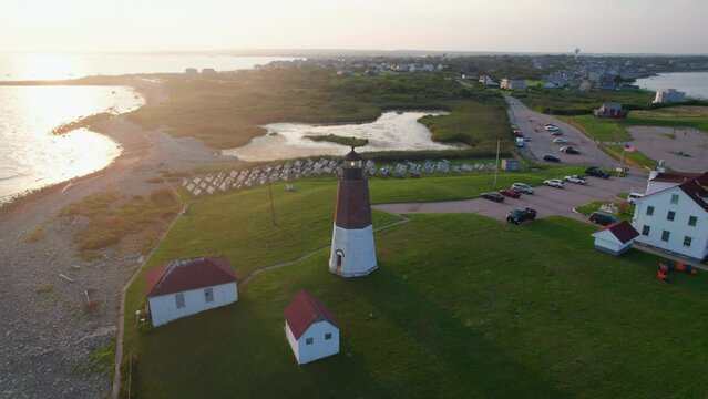 Drone footage of Point Judith Lighthouse on Narragansett Bay, Rhode Island