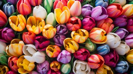 Fototapeta na wymiar A bed of tulips, their vibrant colors forming a mesmerizing pattern.