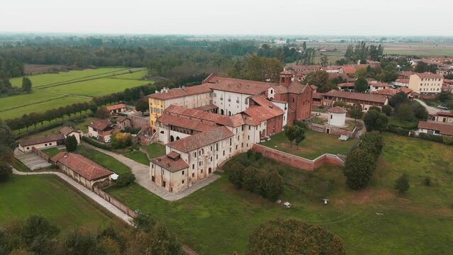 Drone shot abbazia Morimondo backward moment in Lombardia plain
