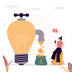 Creative lightbulb with pipe and tap. Money flow from successful business idea. Rich woman investor making money. Businesswoman take earnings or profit from innovation idea.
