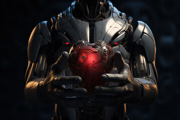 Cyborg holding a red heart in his hands.