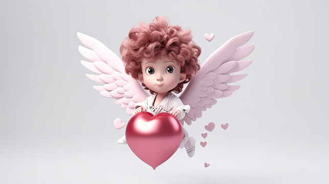 Cute Cupid with pink big heart.