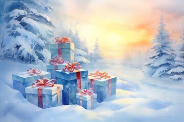 Watercolor illustration of a gift box placed in the snow. 