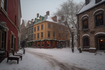 Winter day in the medieval town with atmospheric streets, snow and houses