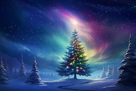 Picture of a Christmas tree above the Northern Lights 