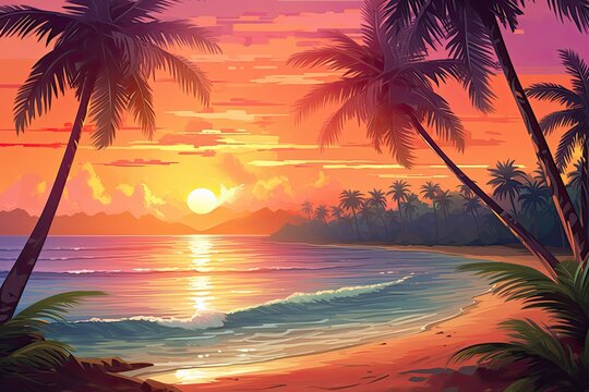 Holiday Summer Beach Background: Beautiful Sunset Beach - Vibrant and Serene Coastal Scene for Your Digital Projects