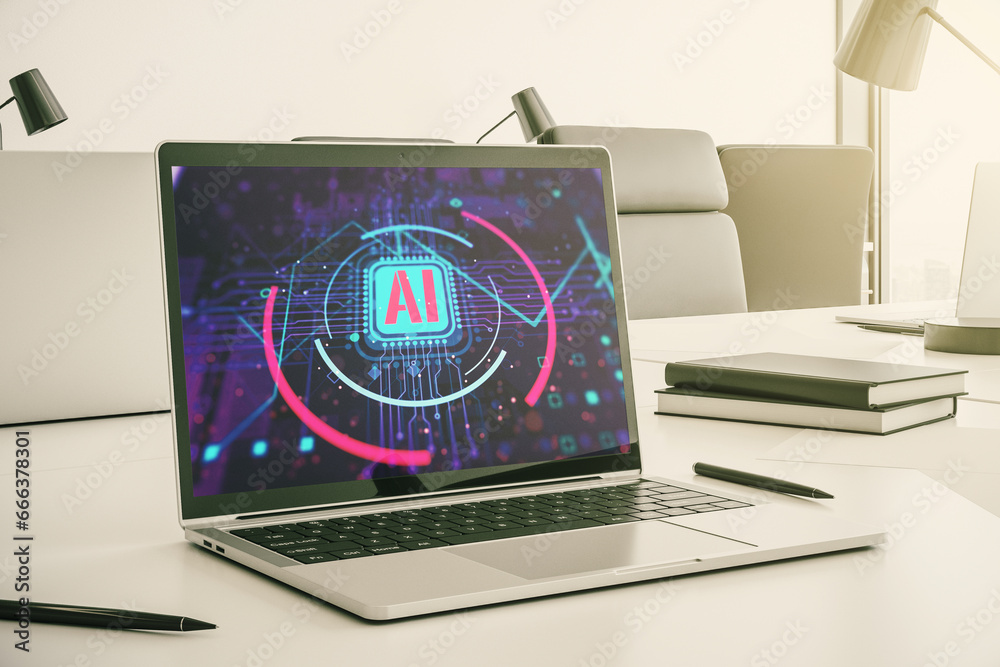 Poster Computer monitor with creative artificial Intelligence abbreviation. Future technology and AI concept. 3D Rendering