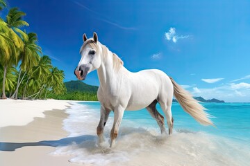 Obraz na płótnie Canvas Horse on Beach: Tropical Paradise with White Sand and Coco Palms