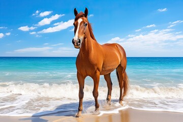 Obraz na płótnie Canvas Vacation Travel Holiday Beach Banner Image: Horse on Beach - Dreamy Equine Retreat
