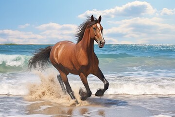 Obraz na płótnie Canvas Horse on Beach: Captivating Wave of the Sea Amidst the Sand Beach
