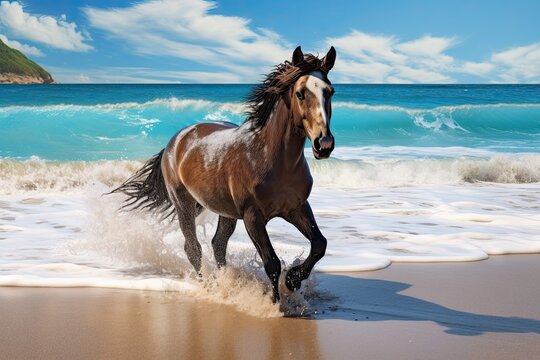 Horse on Beach: Captivating Image of Waves Crashing on Sandy Shoreline
