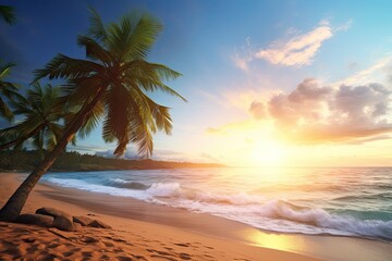 Fototapeta na wymiar Inspire Tropical Beach Seascape Horizon: Palm Tree Beachscape