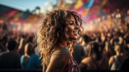 a young woman giving music concert performance in a huge crowded stadium arena hall on a stage. Epic lights and smartphone flashlights. Singer stretching her hands up. Generative AI