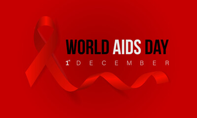 World AIDS Day Awareness Background Red banner Ribbon and Global Support Vector Illustration. background, banner, card, poster design. - obrazy, fototapety, plakaty