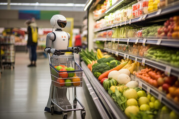 An android robot shops in a supermarket's vegetable section, pushing a cart filled with vegetables.
