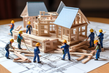 Miniature workers construct a model house on a table with a construction plan in the background. - obrazy, fototapety, plakaty