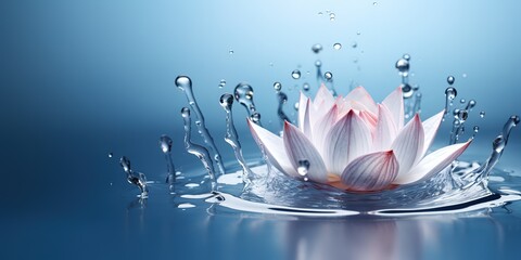 a pink lotus, beautiful, on the water slightly splashed with water