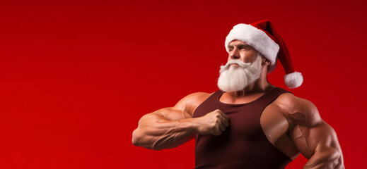 A muscular body builder Father Christmas. New year fitness concept - obrazy, fototapety, plakaty