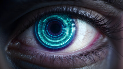 Woman eye with digital coding iris screen. Concept of iris recognition.