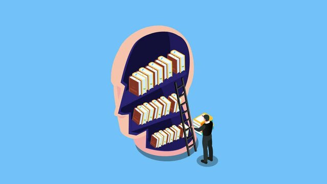 Books library in head shape. Businessman standing on the stairs and reaching for the book  3d isometric cartoon animation in 4K UHD 3840x2160