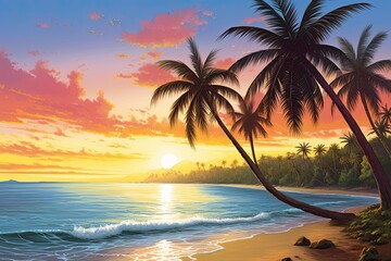 Fototapeta na wymiar Palm Tree Beach Sunset: Panoramic Landscape of Breathtaking Beach
