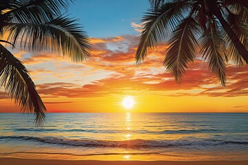 Vacation Travel Holiday: Palm Tree Beach Sunset Banner Image for a Perfect Beach Getaway