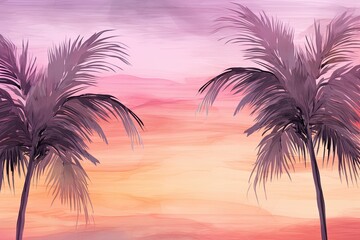 Fototapeta na wymiar Stunning Palm Tree Sunset Wallpaper with Delicate Watercolor Background: A Breathtaking Tropical Artwork