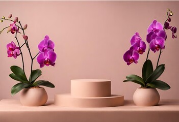Background for products cosmetic, with podium and flowers, and natural background color