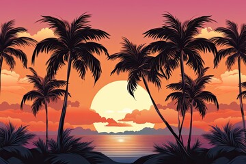 Fototapeta na wymiar Palm Tree Sunset Wallpaper: Seamless Textile Design for a Tropical Vibes-inspired Ambience