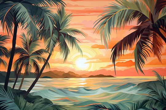 Palm Tree Sunset Wallpaper: Fragment of Artwork on Paper with Wavy Pattern - Stunning Digital Image