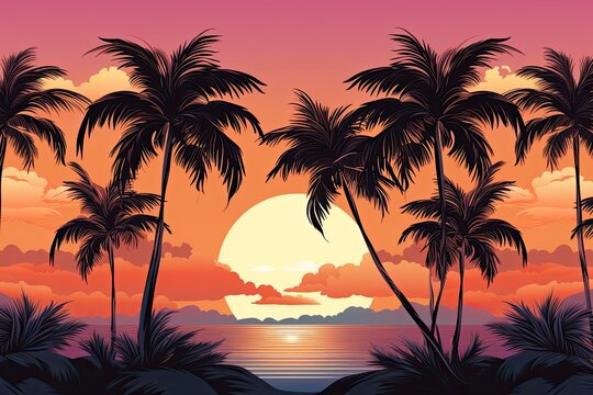 Palm Tree Sunset Wallpaper: Seamless Textile Design for a Tropical Vibes-inspired Ambience