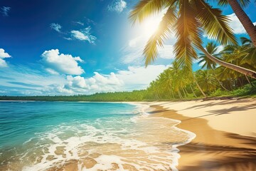 Palm Trees on Beach: Breathtaking Tropical Landscape with Stunning Sea View on a Sunny Day