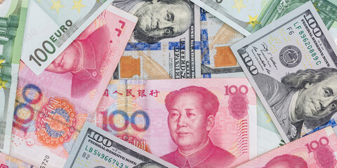 Close up of foreign currency banknotes as background. - obrazy, fototapety, plakaty
