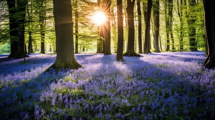 A carpet of bluebells in a forest, illuminated by dappled sunlight.